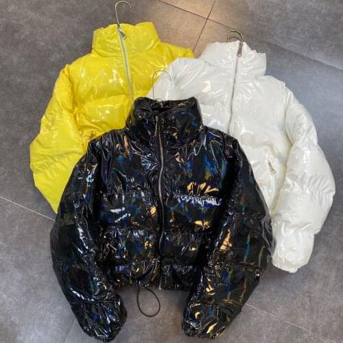 2021 winter stand-up collar long-sleeved bottom drawstring colorful pearlescent patent leather shiny pure color cotton jacket