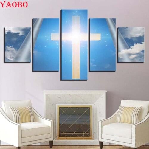 5D Diy Diamond Painting 5 Pieces Christian Cross Sky Landscape Jesus Diamond Embroidery Diamond Painting Cross Stitch Mosaic kit