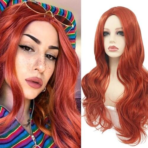 Alynn Long Wave Orange Wig Synthetic Hair Middle Part Natural Wavy Wigs For Women Cosplay Party Fashion Wig Heat Resistant Hair