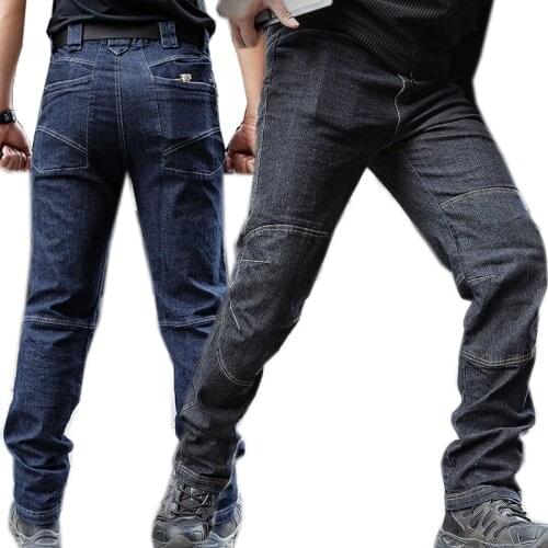 Men Tactical Denim Pants Stretchy Jeans Trousers Comfortable full length Multi Pockets Commuter Strengthen Knee training pants