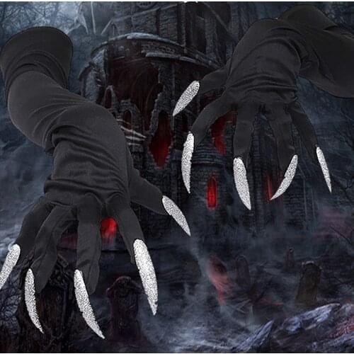 Halloween Long Nails Cosplay Gloves Funny Festival Witch Cosplay Costume Party Scary Fancy Props Black Mitten Glove Tools