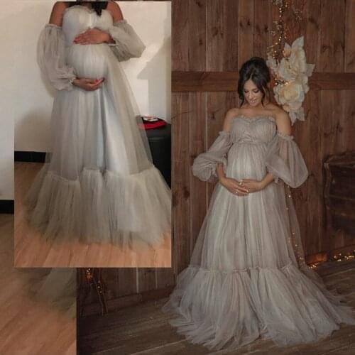 Elegant Bridal Maternity Tulle Dresses Women Off The Shoulder Sweet Heart Empire Prom Gown Photo Shoot Long Evening Formal Dress