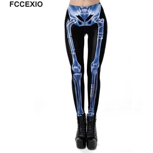 FCCEXIO New Design 3D Printed Shinny Blue Bones Skeleton Sexy Women Casual Punk Rock Leggins High Waist Pants Fitness Leggings