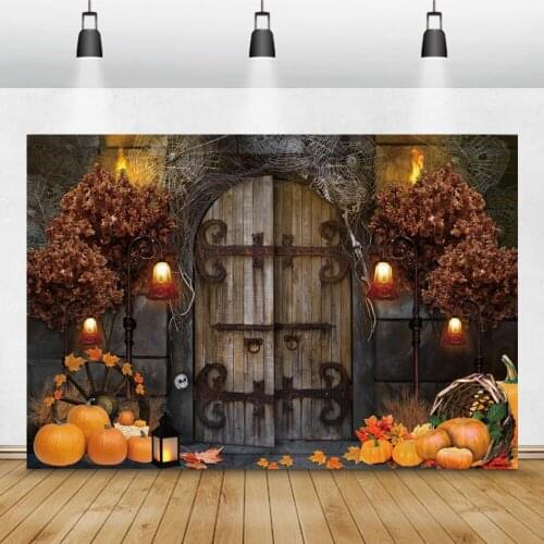 Photo Backdrop Old Wooden Door Rural Autumn Halloween Festivals Pumpkin Torch Maples Party Baby Child Photozone Photo Background