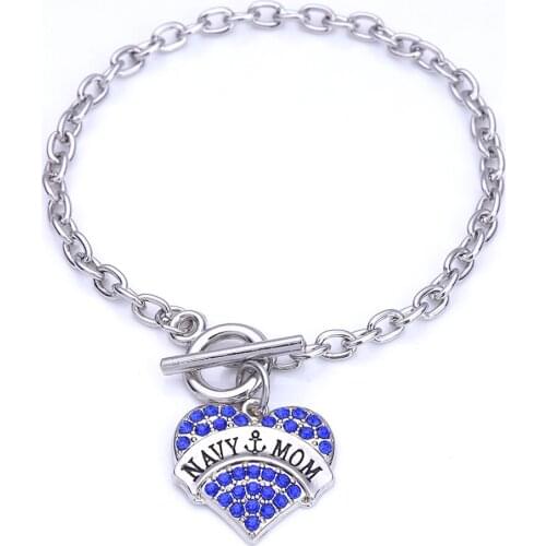Hot Selling fashion rhodium plated with sparkling crystals NAVY-MOM heart charm bracelet