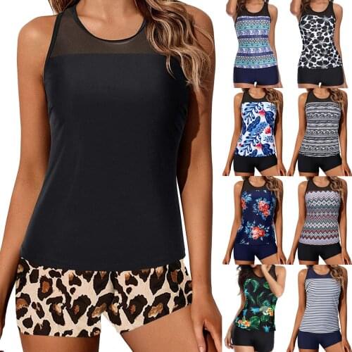Swimwear Women Black Tankini Tummy Control Swimwear Tank Top Retro Solid Swimsuit With Shorts Two Piece Bathing Suit S-XXL