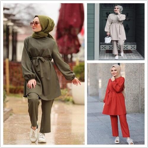 Muslim 2PCS Suits Tops Pants Dress Sets UAE Ethnic Kimono Katfan Middle East Ramadan Eid Mubarak Arab Islamic Musulman Ensembles