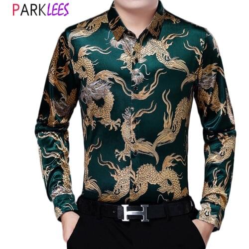 Mens Green Velvet Velour Dress Shirts 2020 Fashion Chinese Dragon Gold Print Shirt Men Social Casual Confortable Shirt Male 4XL