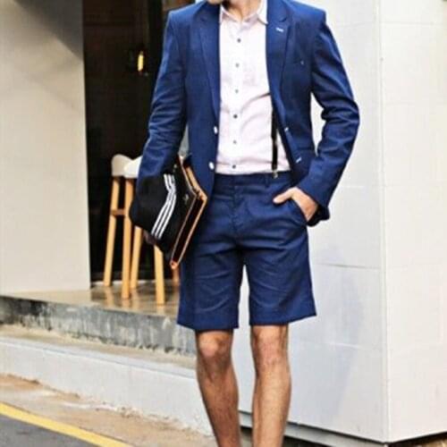 Summer Fashion Handsome Dark Blue Men Suits Slim Fit Groomsmen Tuxedo For Wedding Dinner Party Male Clothing (Jacket+Shorts)