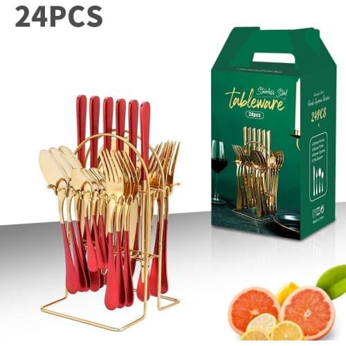 24pcs Gold Dinnerware Set Stainless Steel Tableware Set Knife Fork Spoon Luxury New Creativity Cutlery Set With Storage Rack
