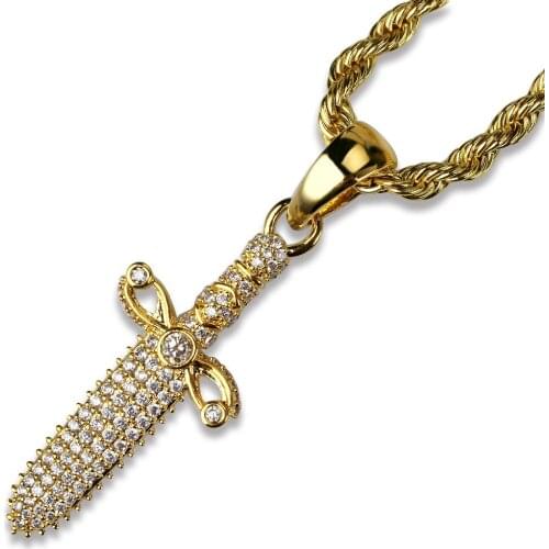 New charm Mens Hip Hop Jewelry Copper Gold Color Plated Cool Sword Pendant Necklace Micro Pave Zircon High Quality Party Gifts