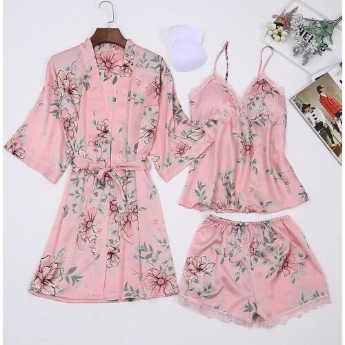 Pink Floral Pajamas Set Sexy Lace 3PCS Sleepwear Summer New Sleep Suit Femme Casual Kimono Gown V-neck Pijamas Suit Home Wear