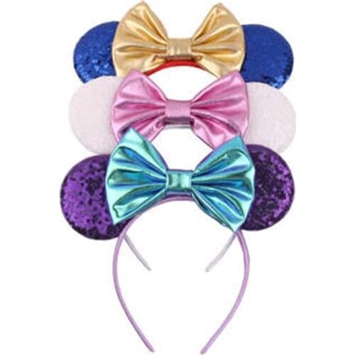 Disney 1pc Cartoon Mickey Sequin Bow Embroidery Baby Headband Fashion Cute Childrens Hair Accessory