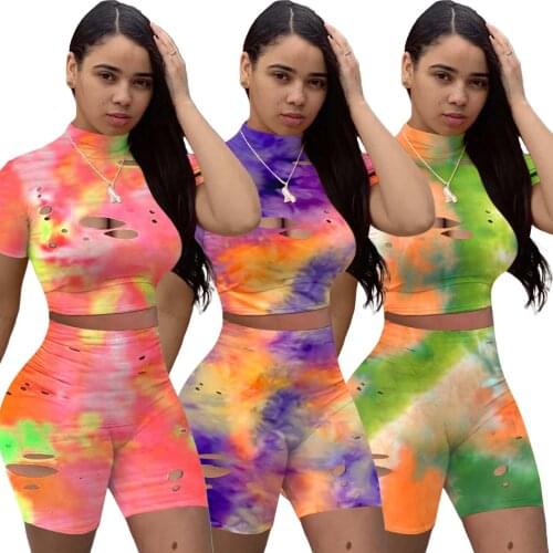 S-2XL 2021 two piece set summer fashion streetwear sexy tie dye printing hole short sleeve outfit women clothing Dropshipping