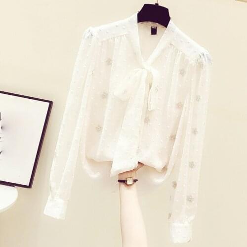 Bow Neck Chiffon Women White Shirts Summer New Design 2021 Flower Embroidery Office Lady Outwear Tops