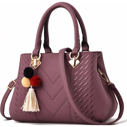 Women Girl Top-handle Shoulder Bag Simple Style Hand Bags Ladys Crossbody Handbag with Hairball Tassel Tote