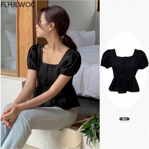 Off Shoulder Tops Blusas Button Up Shirts Korea Design Japanese Style Crop Short Summer Solid Color Women Blouses
