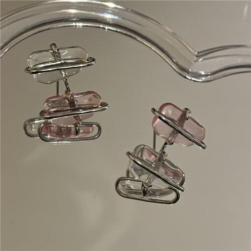 Minar Unique Design Clear Pink Color Crystal Pendant Earring Hollow Geometric Metal Contrast Color Stone Drop Earrings Gifts