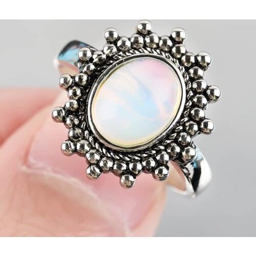 Vintage Moonstone Rings for Women Antique Silver Color Big Opal Finger Ring Wedding Party Anniversary Jewelry Wholesale