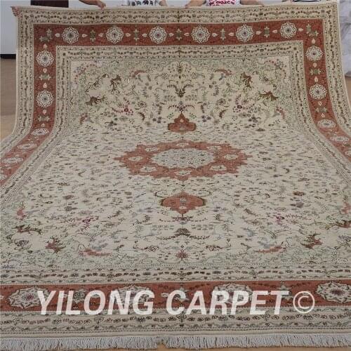 Yilong 11'x15' Persian wool silkrug beige and pink exquisite modern wool silk carpet (1510)