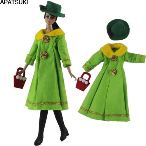 Green Fashion Doll Clothes For Barbie Dollhouse Long Coat & Handbag Hat 1/6 Doll Accessories For Barbie Doll Outfits Kids Toy