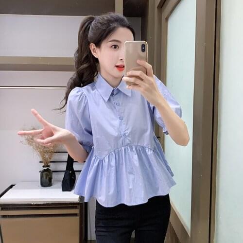 Summer Blouse Women 2021 Summer Korean Cute Kawaii Crop Blouses Female Tunic Loose Blue White Lapel Shirts Ruffles Blusas Mujer