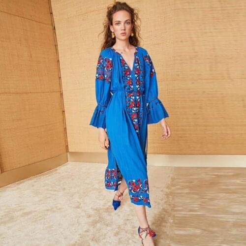 Summer travel seaside temperament national wind embroidery dress flower embroidery loose lantern sleeve tassel rope long dress
