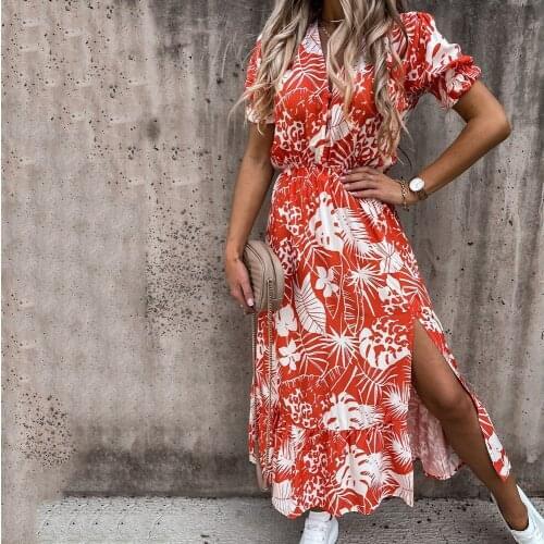 Summer Womens Fashion Print Deep V Neck Buttons Casual Loose Ruffled Elastic Waist Irregular Split Ladies Short Sleeve Dresses