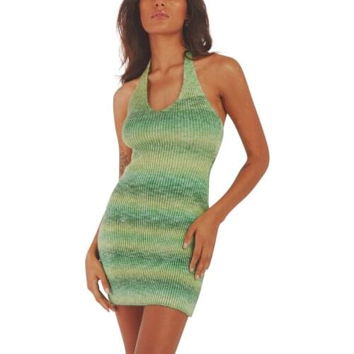 Women’s Sexy Halter Knitted Skinny Dress Fashion Gradient Color Backless Short Dress 2021 New Fashion