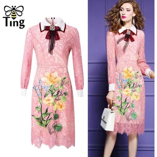 Tingfly Vintage Elegant Flower Embroidery Pink Lace Dress Office Lady Work Midi Long Dress with Bow Tie Plus size Vestidos Zaful