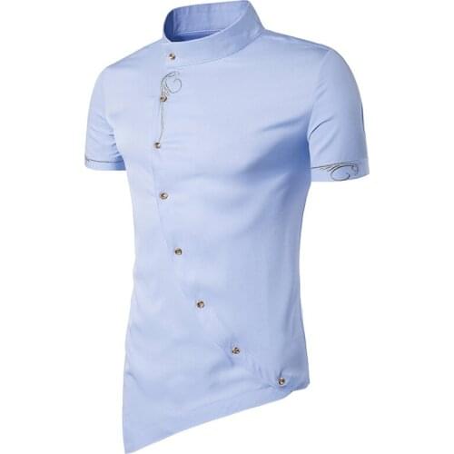 Mens Embroidery Casual Dress Shirts Slim Fit Short Sleeve Men Brand Shirt 2020 Fashion Stand Collar Irregular Male Social Shirt