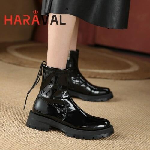 HARAVAL Women Ankle Boots Shoes Elegant Motorcycle Boot Patent Leather Black Footwear Shoes Women Low Heels Round Toe E403L