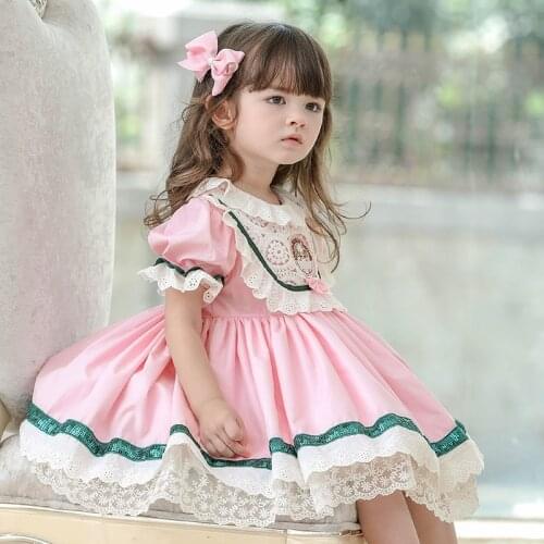 Girls Princess Skirt Lolita Spanish Court Style Childrens Pink Short Bubble Sleeve Auricular Lace Sequin Patchwork Dress 2021