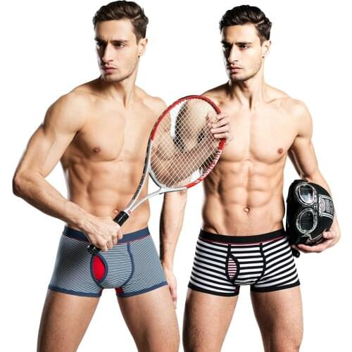 Mens Stripe Boxers Sexy Cotton Homme Pants FRONT OPENING Design Underpants Low Rise Underwear 6 Colors Norcotton