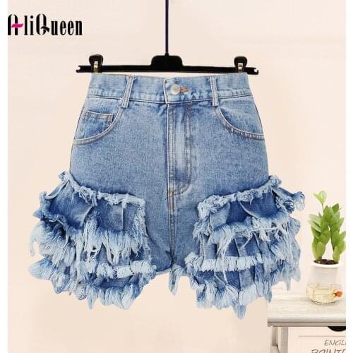 Denim Shorts for Women High Waist Patchwork Tassels Asymmetric Blue Casual Short Pants Female 2021 Summer Jean Shorts Hotpants