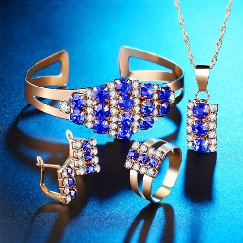 Luxury Female Blue Crystal Jewelry Set Charm Rose Gold Color Dangle Earrings For Women Punk Round Zircon Wedding Chain Necklace