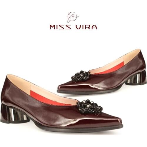 MISS VIRA Pumps Women Genuine Leather Pointed Office Ladies Work Shoes Autumn Winter Mid Heels Shoes