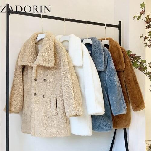 ZADORIN 2021 Winter Long Furry Warm Teddy Bear Jacket Women Stand Collar Fleece Faux Fur Coat Korean Fashion Jackets for Women