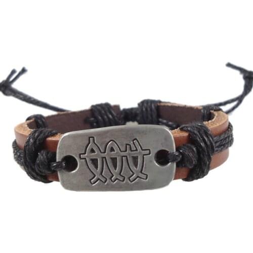 Fashion handmade woven 3 fishs symbol charm genuine leather wrap belt vintage Braceletsjewelry women men