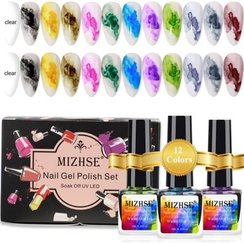 MIZHSE 12PCS Blooming Gel Polish Set Watercolor Ink Semi Permanent Varnish Hybrid Nail Polish for Manicure With Box No Need Cure