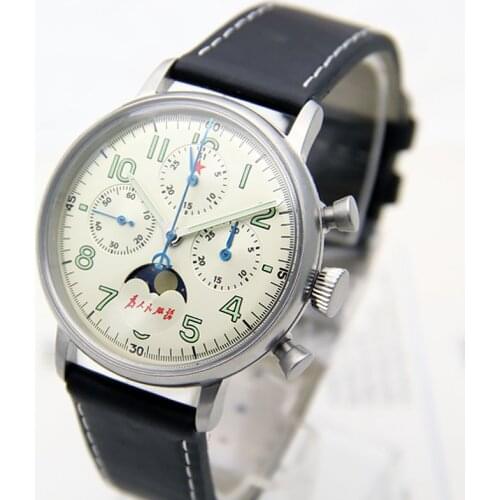 New Antique Chronograph Mechanical Mens Watch Military Moon Phase Calendar Men Watch Seagull ST1908 Luminous Relojes Hombre1963