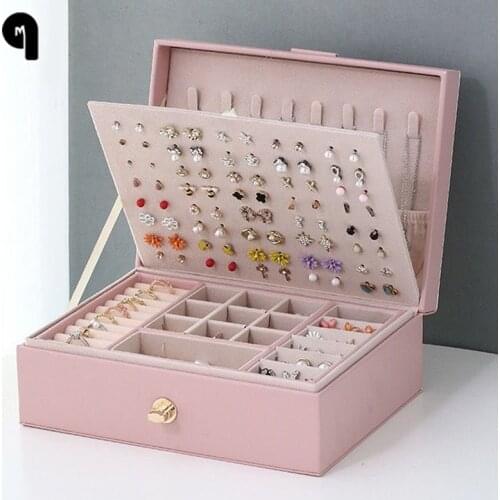 QM New Jewelry Box Portable Necklace Earrings Rings Holder Jewelry Organizer Packaging PU Leather Storage Case Display Gift
