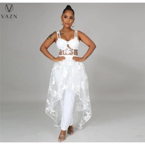 VAZN 2021 New Fashion Women Young Sexy Girl Style Long Dress Sleeveless Lace Pure Color Floor Length Long Dress