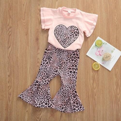 New 1-6Y Summer Lovely Baby Girls Clothes Sets Heart Leopard Print Short Ruffles Sleeve T Shirts Tops Flare Pants Outfits