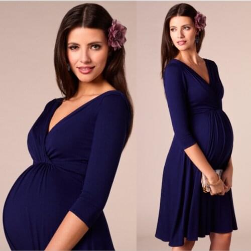 Women Pregnant Dresses Maternity V-neck Three Quarter Sleeve Pleated Beautiful Clothes Pregnancy Party Evening Dress