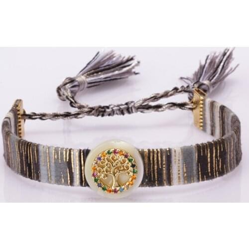 Gold mix rainbow cz tree of life charm ethnic boho bohemia soft cotton silk tassel tail wristband adjustable bracelet for woman