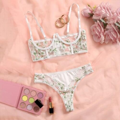 Sexy Lingerie Sensual Corset Open Bra Thong Womens Underwear With Steel Ring Porno Transparent Lace Floral Embroidery Lenceria