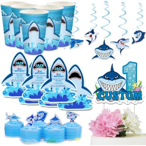 Shark Birthday Party Supplies Decoration Favor Boxes Straws Favor Bags Disposable Cups Invitations Cake Topper Stickers Bottle