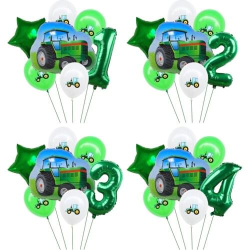 7pcs Tractor Digital Balloons Set Green Construction Car Foil Balloon Boys Gifts Birthday Party Decor Kids Toys Home Supplies