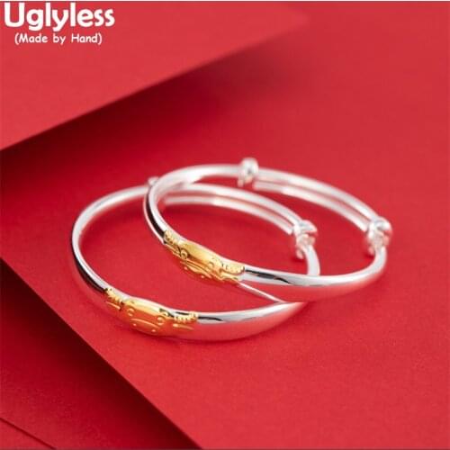 Uglyless Year of the Ox Coming 1 Pair 999 Silver Cow Cattle Animals Bangles for Babies Girls Boys Glossy Silver Push-pull Bangle